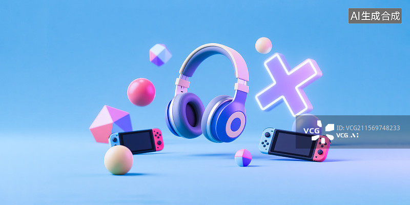 【AI数字艺术】3D风格背景游戏悬浮场景 头戴式耳机手持游戏机娱乐电竞影音设备抽象几何图形三维立体孟菲斯彩色创意概念图片素材