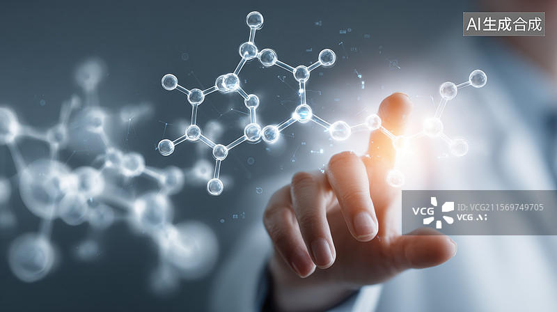 【AI数字艺术】手触碰虚拟分子结构图片素材
