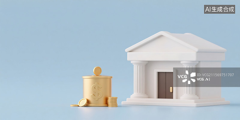 【AI数字艺术】3D风格概念图创意银行储存罐财富3d立体模型 黄金货币金色桶西方罗马欧式美式古典建筑房子图片素材