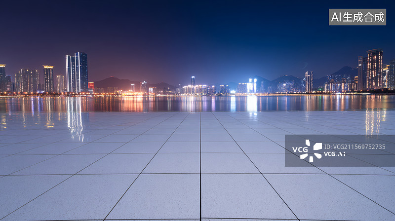 【AI数字艺术】夜晚城市天际线倒映在铺面上图片素材