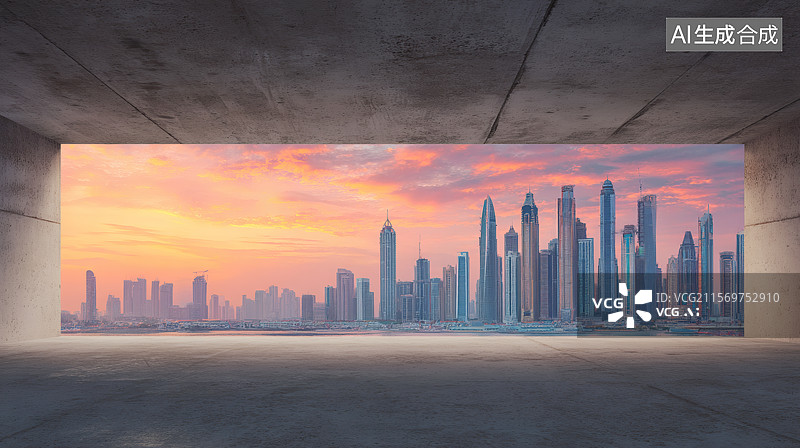 【AI数字艺术】水泥结构下的城市天际线图片素材