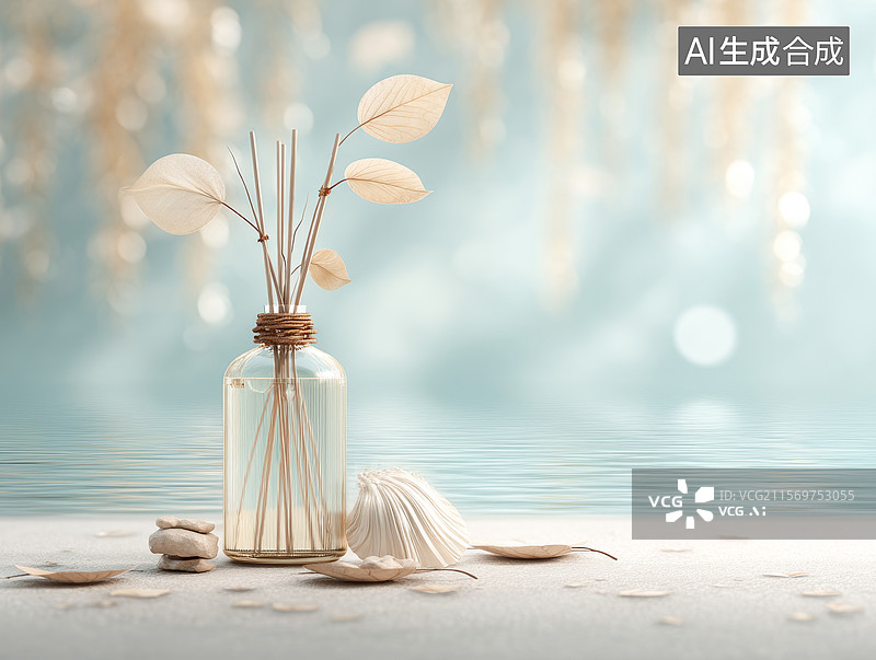 【AI数字艺术】静谧湖畔的香薰瓶图片素材