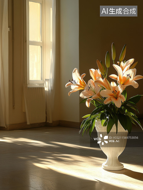【AI数字艺术】阳光下的百合花瓶图片素材