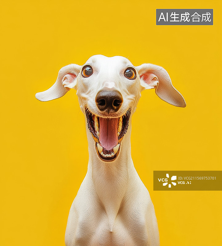 【AI数字艺术】白色狗在黄色背景前张嘴图片素材