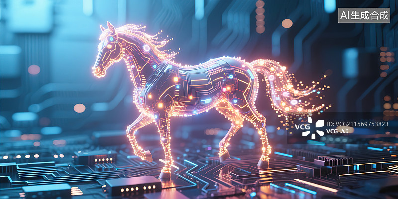 【AI数字艺术】2026马年新年春节商务会议庆祝 集成电路板计算机芯片抽象科技创新三维立体创意插画背景主视觉科幻感图片素材