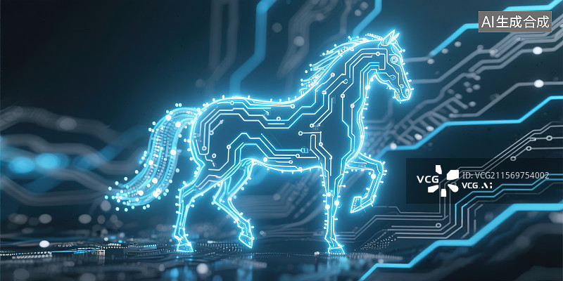 【AI数字艺术】2026马年新年春节商务会议庆祝 集成电路板计算机芯片抽象科技创新三维立体创意插画背景主视觉科幻感图片素材