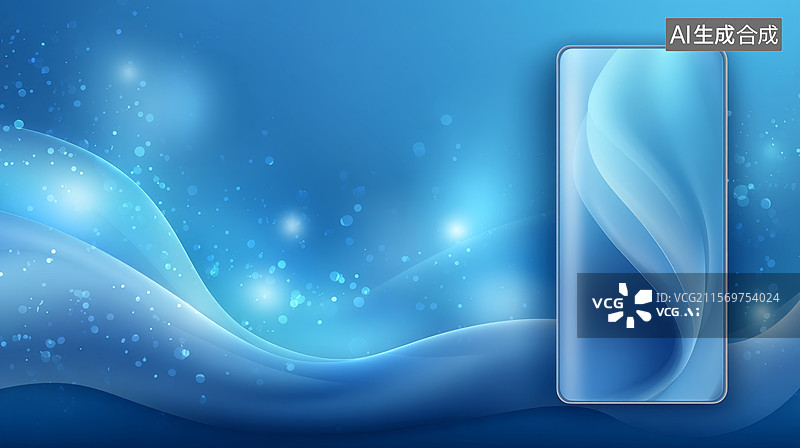 【AI数字艺术】蓝色梦幻波浪与智能手机图片素材