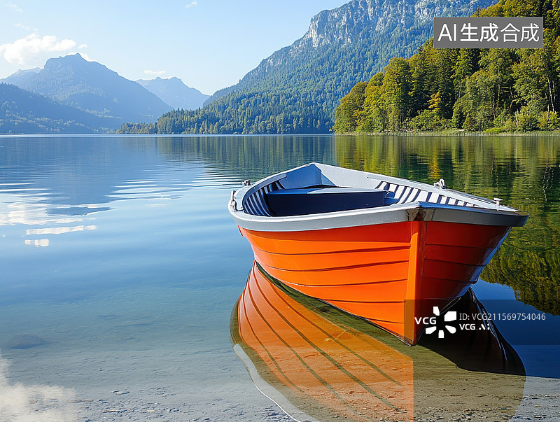 【AI数字艺术】湖边的橙色小船图片素材