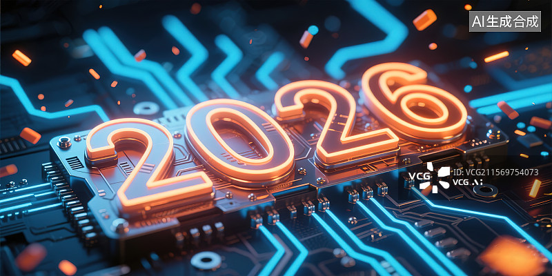【AI数字艺术】数字2026马年新年春节跨年商务会议庆祝集成电路板计算机芯片抽象科技创新三维立体创意背景banner图片素材
