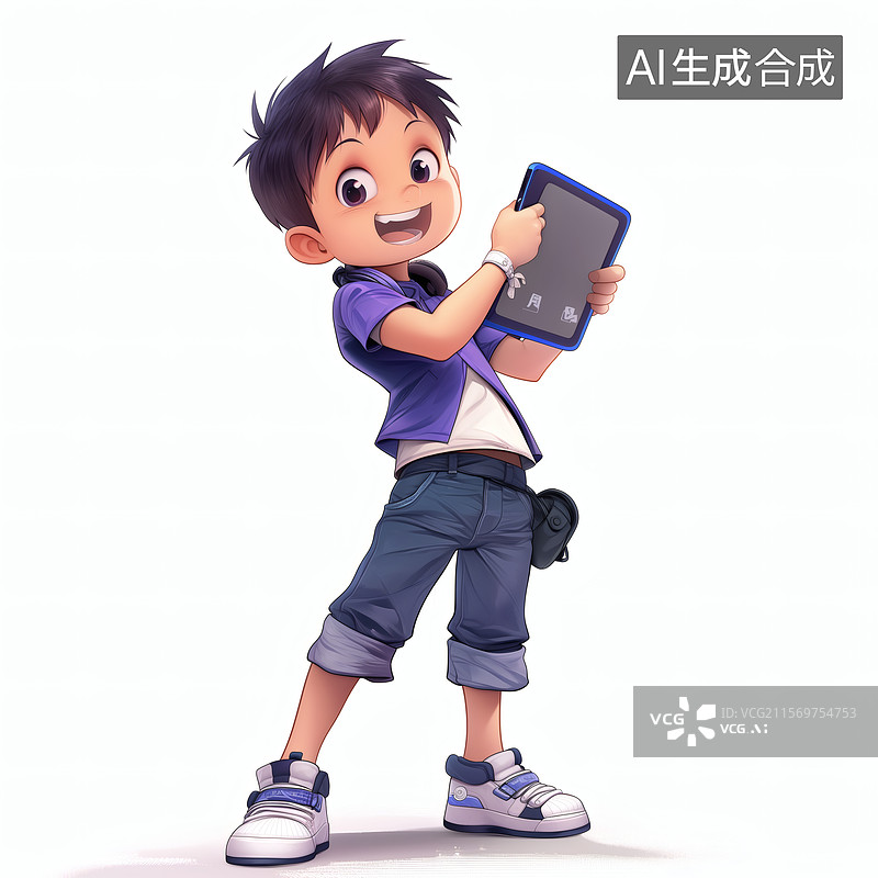 【AI数字艺术】快乐的小男孩和他的平板电脑图片素材