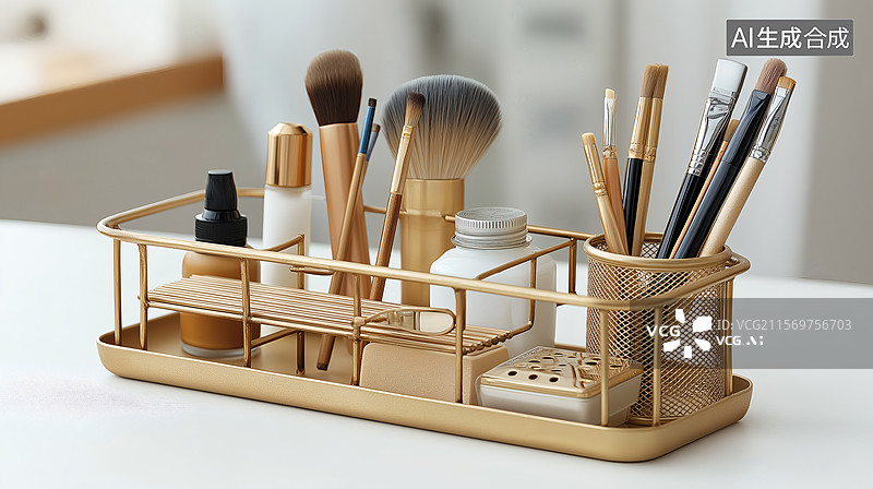 【AI数字艺术】金色化妆刷收纳盒图片素材