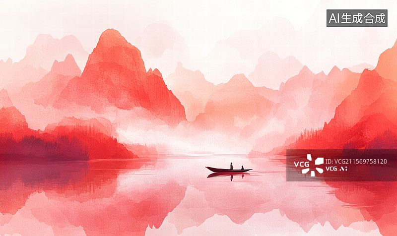 【AI数字艺术】烟雨江上舟行远图片素材