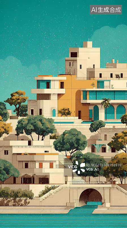 【AI数字艺术】复古风格各国建筑插图背景图片素材
