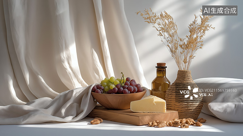 【AI数字艺术】静物摆设：葡萄、奶酪与阳光图片素材