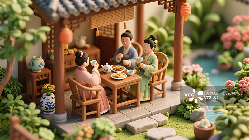 【AI数字艺术】[古人庭院品茶场景][古风微缩风格][传统文化宣传图]图片素材