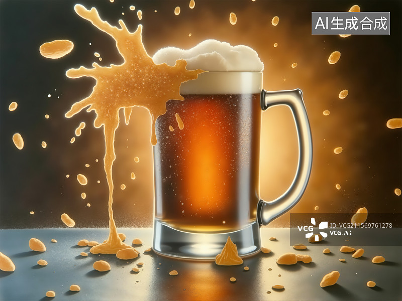 【AI数字艺术】溢出泡沫啤酒杯图片素材