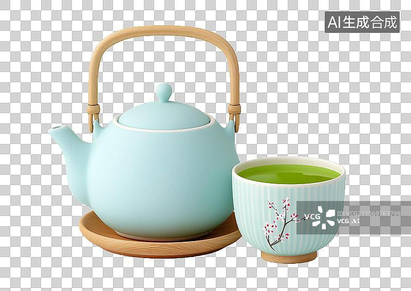 【AI数字艺术】【免抠png素材】3D卡通茶壶和一杯绿茶图片素材