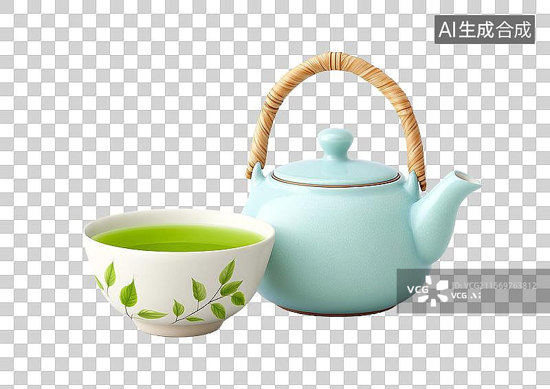 【AI数字艺术】【免抠png素材】3D卡通茶壶和一杯绿茶图片素材