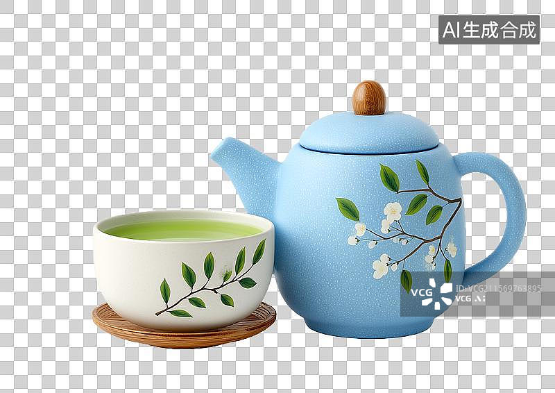 【AI数字艺术】【免抠png素材】3D卡通茶壶和一杯绿茶图片素材