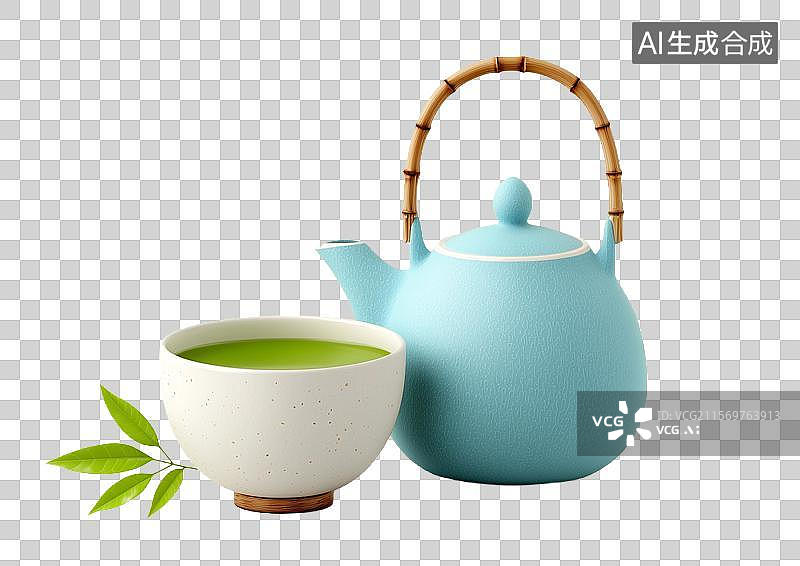 【AI数字艺术】【免抠png素材】3D卡通茶壶和一杯绿茶图片素材