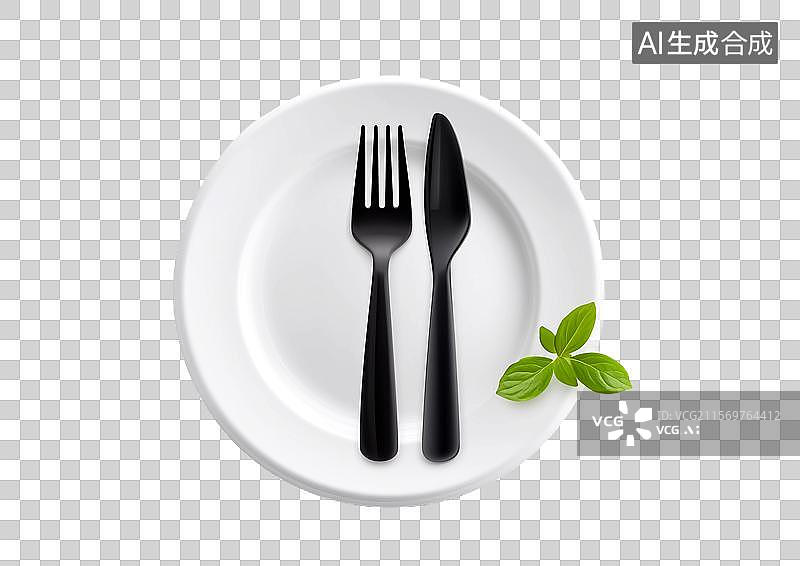 【AI数字艺术】【免抠png素材】餐盘上摆放着刀叉餐具图片素材