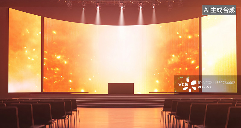 【AI数字艺术】橙色背景的商务会议或展会，展示了一个专业而充满活力的氛围，适用于产品发布、会议和公司活动，旨在促进商图片素材