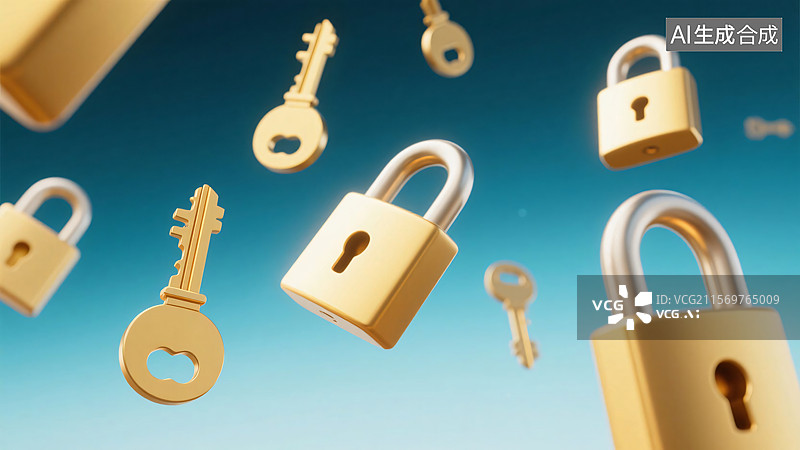 【AI数字艺术】[金色钥匙与挂锁的悬浮画面][3D 金属质感风格][安全金融类宣传图]图片素材