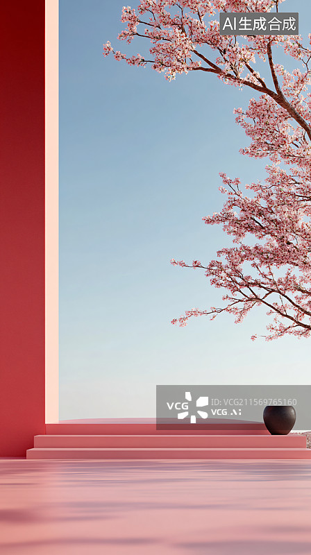 【AI数字艺术】传统中国古建筑，搭配粉色与红色花朵，地面上的装饰性地砖，创造出一个美丽而宁静的商业广告背景，适用于汽图片素材