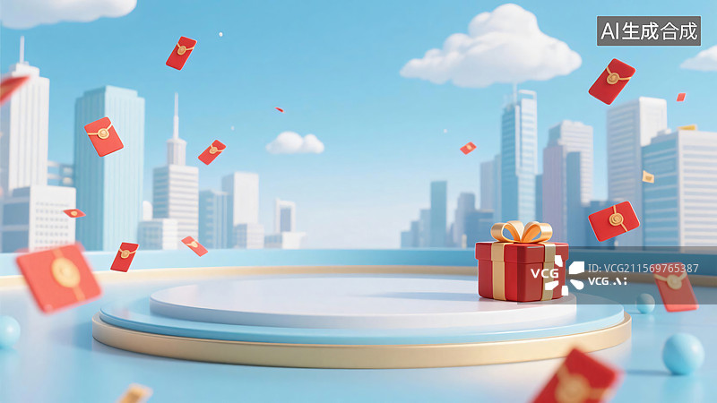 【AI数字艺术】[城市上空红包飞舞的平台画面][卡通 3D 风格][促销类宣传图]图片素材