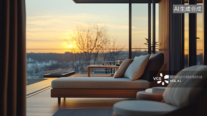 【AI数字艺术】夕阳下的酒店房间，创造了一个宁静的氛围，给旅行者提供了一个美丽的夕阳景色，完美的放松住宿体验，享受奢图片素材