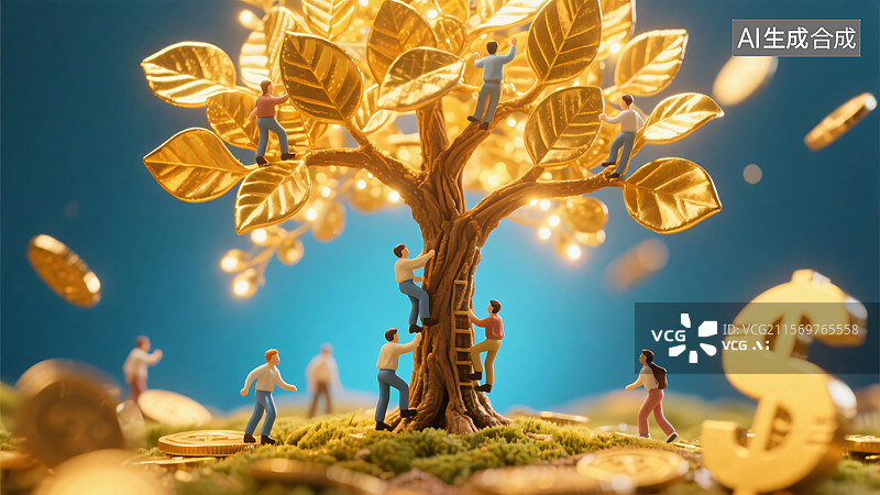 【AI数字艺术】[人物攀爬金色发财树的画面][3D 奇幻风格][金融财富类宣传图]图片素材