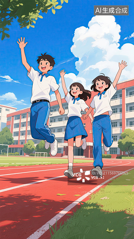 【AI数字艺术】高中生，高考，跑道，跳跃，庆祝插画图片素材