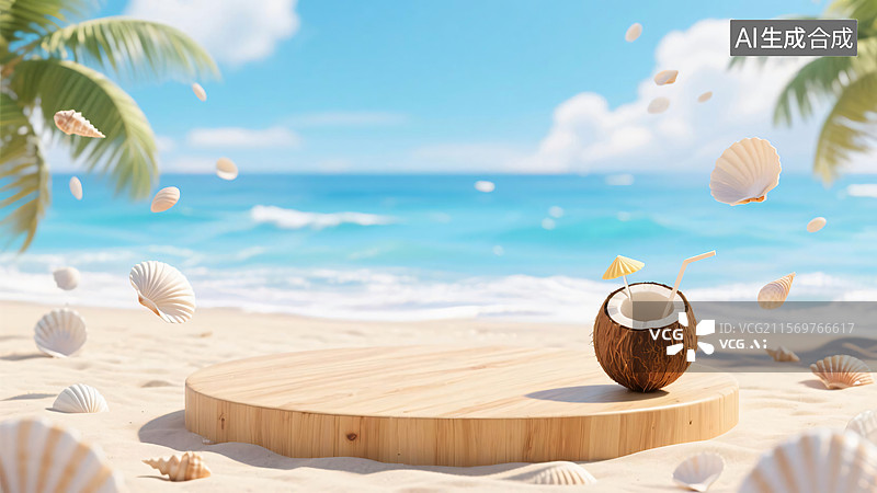 【AI数字艺术】[海滩场景中椰子饮品与贝壳环绕的展台画面][3D 夏日风格][饮品旅游类宣传图]图片素材