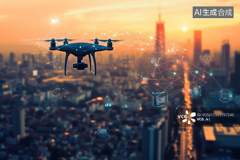 【AI数字艺术】城市夜空无人机光影飞行秀图片素材