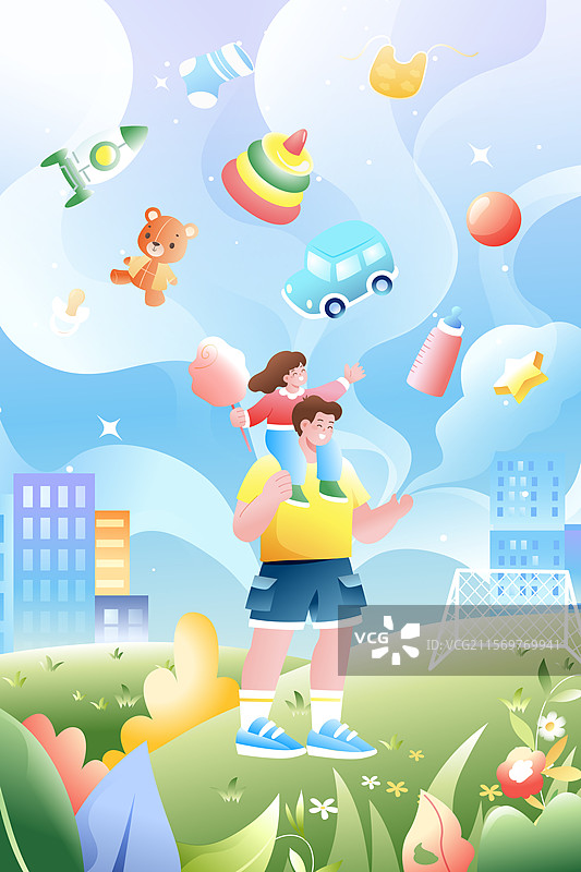 卡通夏天暑期生活亲子家人家庭父亲节爸爸带娃情感亲情节日礼物玩具购物电商消费自然风景旅游渐变矢量插画图片素材