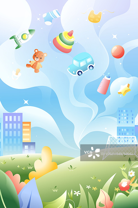 卡通夏天暑期生活亲子家人家庭父亲节爸爸带娃情感亲情节日礼物玩具购物电商消费自然风景旅游渐变矢量插画图片素材