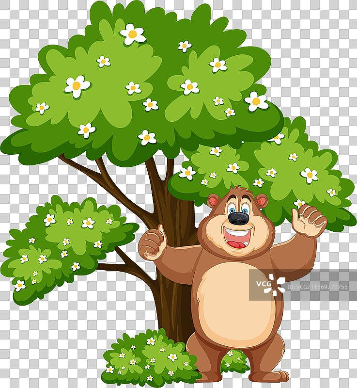 微笑的熊在盛开的树下挥手图片素材