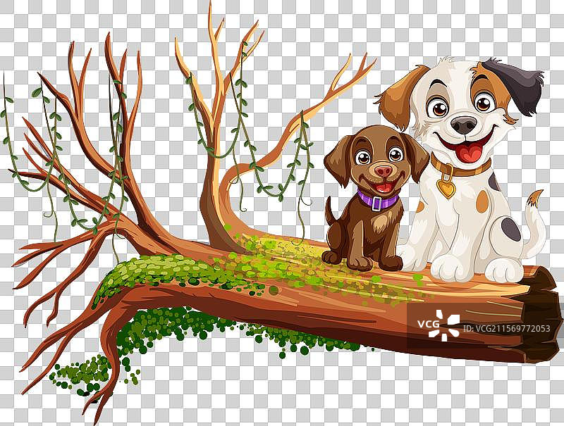 两只小狗坐在倒下的树干上图片素材