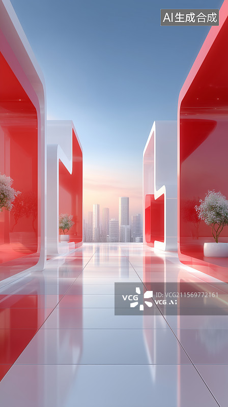 【AI数字艺术】未来主义建筑内部与城市天际线图片素材