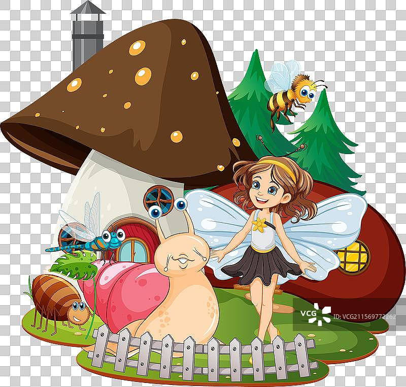仙女与昆虫在蘑菇屋附近图片素材