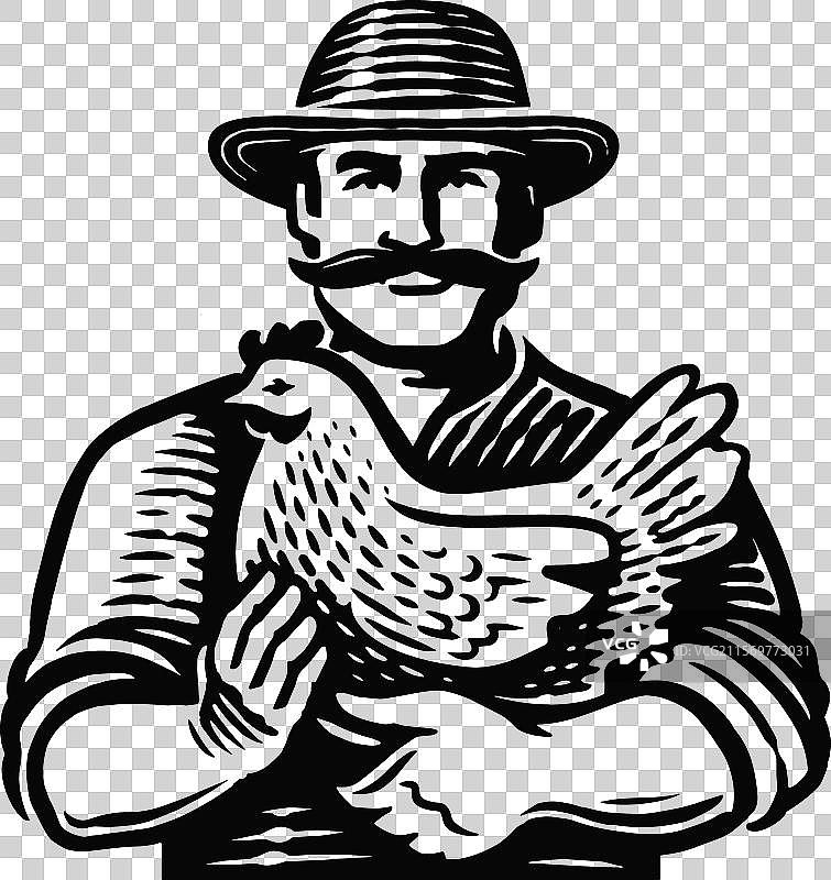 农民抱着鸡的标志，家禽农场徽章图片素材