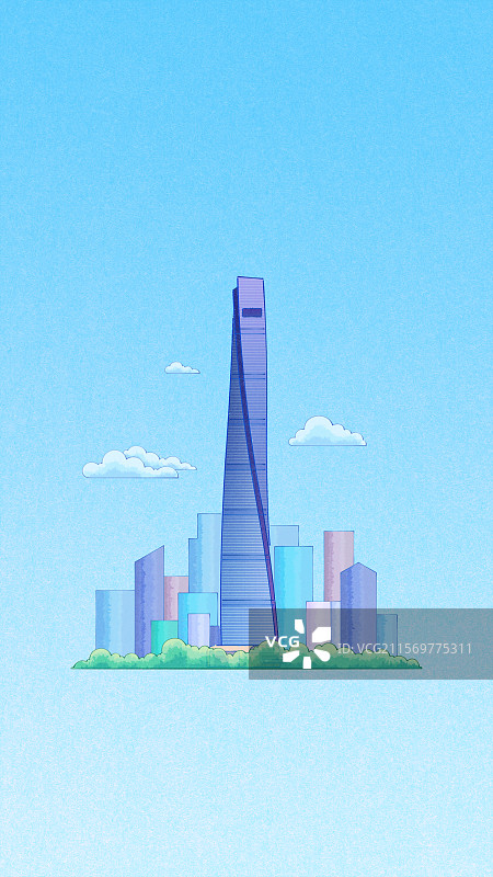 上海中心大厦陆家嘴金融贸易区 新国风国潮风中国城市地标建筑群线稿填色渐变手绘肌理插画图片素材