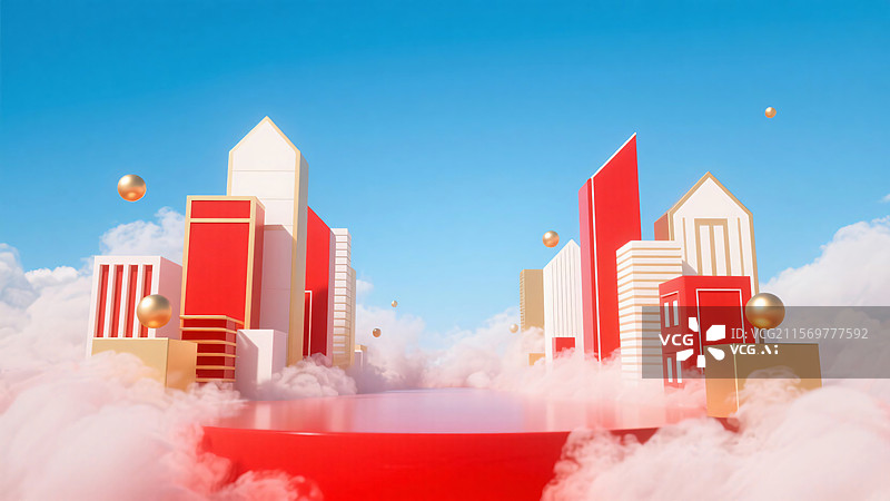 【AI数字艺术】[云端舞台与建筑组合场景][鲜艳活力 3D 风格][电商场景海报]图片素材