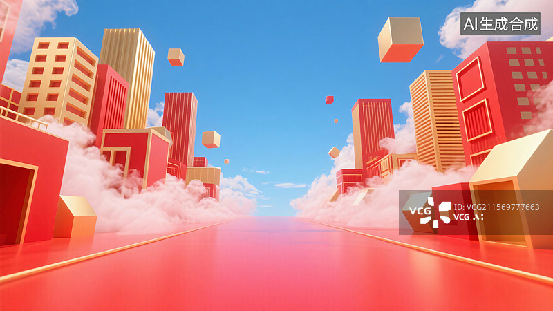 【AI数字艺术】[云端建筑与烟雾画面][喜庆明快 3D 风格][节日促销 / 电商场景海报]图片素材