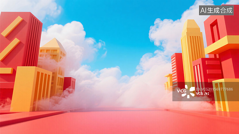 【AI数字艺术】[云端建筑与烟雾画面][喜庆明快 3D 风格][节日促销 / 电商场景海报]图片素材
