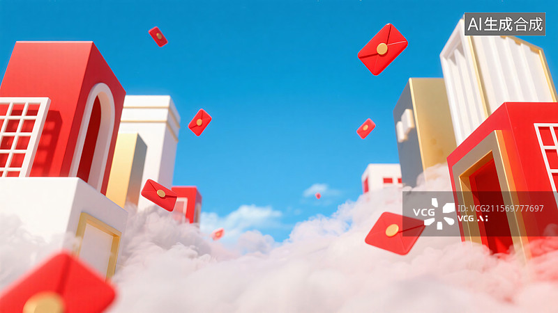 【AI数字艺术】[云端建筑与烟雾画面][喜庆明快 3D 风格][节日促销 / 电商场景海报]图片素材