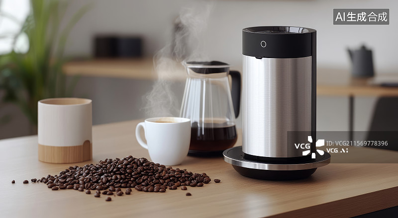 【AI数字艺术】室内咖啡冲煮器具与咖啡豆图片素材