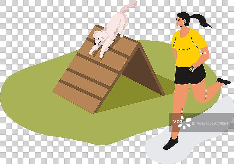 女性在狗敏捷训练坡道上奔跑图片素材