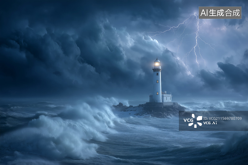 【AI数字艺术】暴风雨下的灯塔图片素材