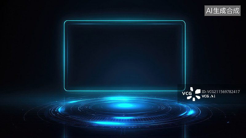 【AI数字艺术】未来派全息矩形黑深色背景上蓝色发光框架科幻圆形图案金融演示年度会议和经济抽象科技图片素材